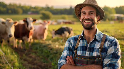Sustainability, confidence and portrait of farmer with cows on field, happy countryside farming with dairy and beef production. Nature, meat or milk farm, sustainable business, agriculture and food.