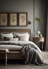 classic bedroom interior with classic bed, pillows and wooden bedside table