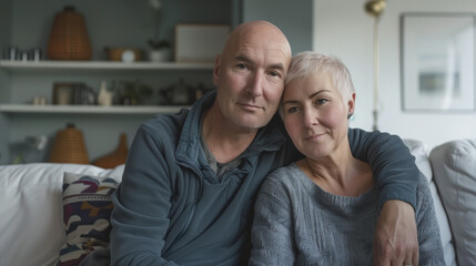 A bald-haired man and woman sit together on a comfortable sofa in the living room, showing their support on Cancer Day. AI Generated Images