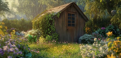 Fototapeta na wymiar A quaint backyard with a small wooden cottage shed surrounded by wildflowers and climbing ivy on a sunny day. 32k, full ultra hd, high resolution