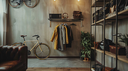Rack with stylish jackets and bicycle near light wall