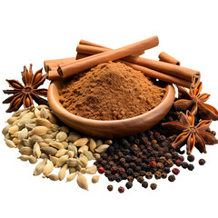 Various spices including star anise, cinnamon sticks, cardamom pods, black peppercorns and a bowl of ground spices on a black background.