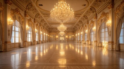 Obraz premium Opulent Ballroom Interior with Crystal Chandeliers and Golden Accents Background