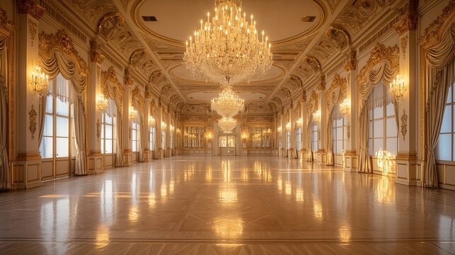 Opulent Ballroom Interior with Crystal Chandeliers and Golden Accents Background - Powered by Adobe