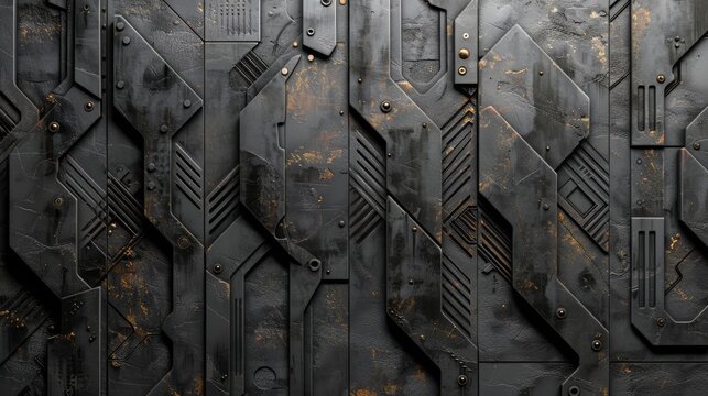 The image is a dark, metallic surface with a lot of detail. It looks like it could be a spaceship or a robot.