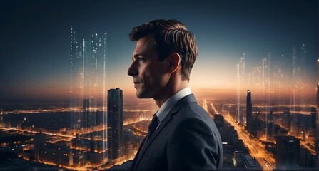 Young businessman looking at modern cityscape