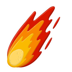 Meteor with trail of fire. Celestial object. Flying in sky. Cartoon flat illustration. Comet with tail. Dangerous space object. Big asteroid. Stars and astronom