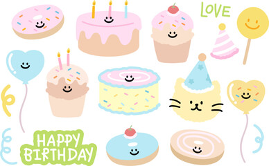 Happy Birthday illustration with cat, party hat, cupcake, cake, heart balloon, candles, candy, donut for birthday card, party, cafe, restaurant, menu, recipe, baking, cartoon, kids, toddler, sticker