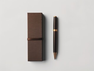 Elegant black pen with gold trim next to its sleek brown case on a light background. Created with Generative AI
