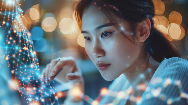 Young Asian woman intensely focused on interacting with a futuristic digital interface. Scientist or technologist deeply engaged in cutting-edge digital technology.