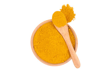turmeric powder in both a bowl and a spoon isolated transparent