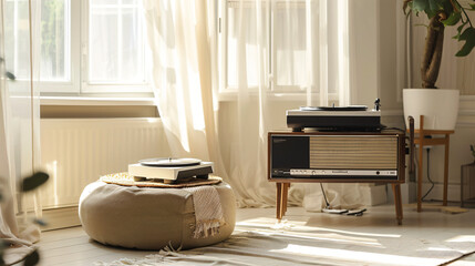 Record player with vinyl disk on pouf in room