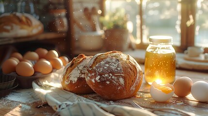 Hearty breakfast of fluffy bread loaves next to a jar of honey and eggs on a vintage kitchen table for a rustic morning.