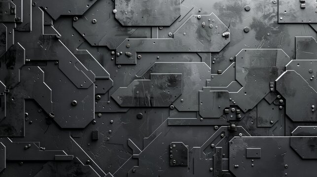 The image is a dark metal wall with a lot of rivets and bolts. It looks like the inside of a spaceship or a robot.