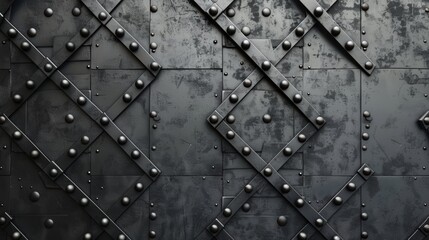 The image is a dark metal wall with rivets.