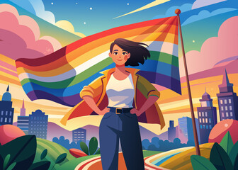 Middle-aged young woman from behind with lgtbi flag, Pride Month