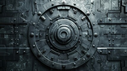 The image is a dark, metal door with a large, circular lock in the center. The door is covered in rivets and other metal details.