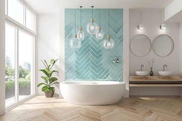 A bright bathroom with white walls and a light wood floor. The wall features herringbone style tiles in a turquoise color