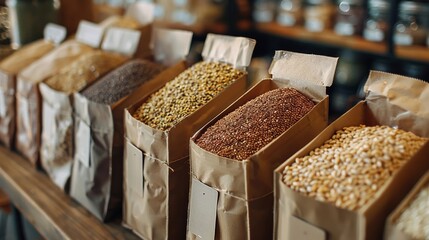 Close-up on diverse whole grains in eco-friendly packaging, emphasizing sustainable agriculture and healthy eating.