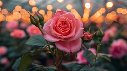 Vibrant pink roses bloom under warm greenhouse lights creating a surreal and colorful floral display.