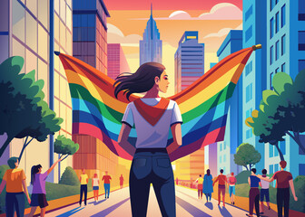 Middle-aged young woman from behind with lgtbi flag, Pride Month