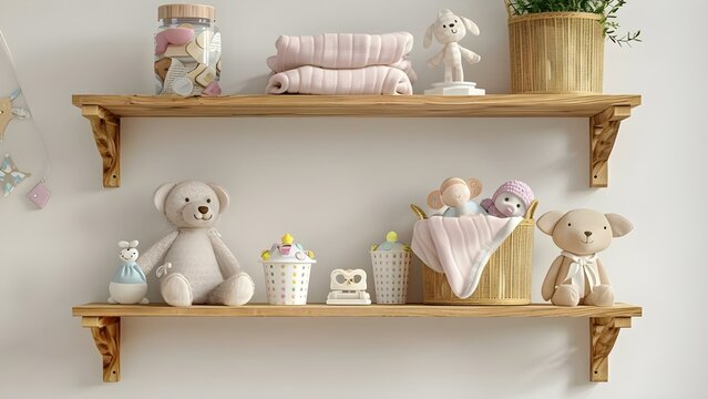 Nursery room with a wooden shelf displaying baby items and toys. Concept Nursery Decor, Wooden Shelf, Baby Items, Toys Display, Cozy Ambience