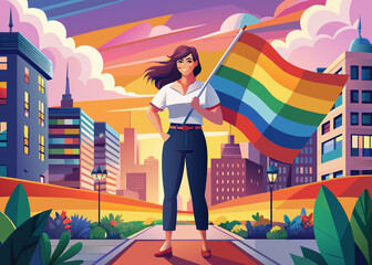 Middle-aged young woman from behind with lgtbi flag, Pride Month