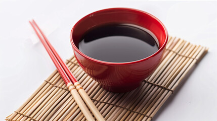 Red bowl of soy sauce chopsticks and bamboo mat on white