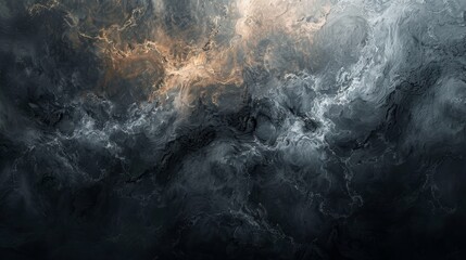 The image is a dark, stormy sky. The clouds are lit up by a bright light in the center of the image. The light is surrounded by a dark, swirling vortex.