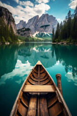 Obraz premium Styled in weathercore, a boat in a blue lake with mountains at the end, wood, emerald and brown.