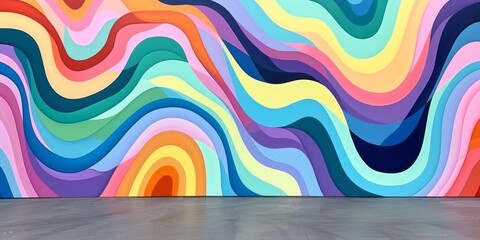 Obraz premium Wall painting with a rainbow background, vibrant caricatures, moche art, irregular linear forms.