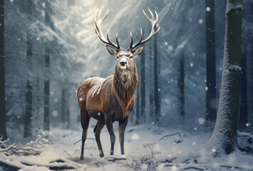 A winter forest covered in snow with a standing deer, styled with hyper-realistic animal illustrations.