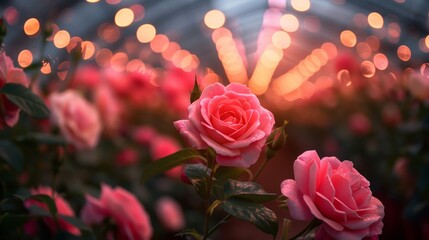 Vibrant pink roses bloom under warm greenhouse lights creating a surreal and colorful floral display.