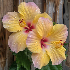 3d rendered photos of yellow hibiscus flowers in full bloom with petals having water droplets made with generative AI