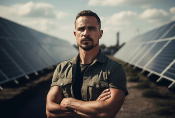 Fototapeta premium A man stands with his arms crossed in front of solar panel farms, portrayed in a distinct style.
