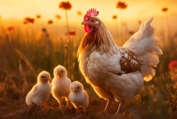Fototapeta premium Styled with villagecore aesthetics, an heirloom chicken and her chicks are seen walking in the grass at sunset.