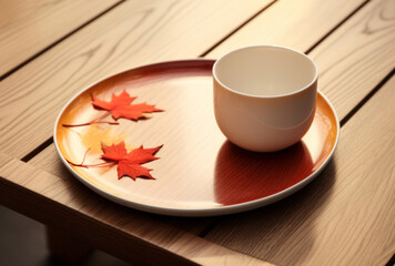 In a minimalist style, dinnerware sets adorn a table with fall foliage. - obrazy, fototapety, plakaty