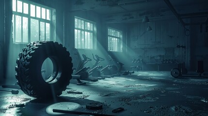 Dark and atmospheric view of a large tire in a sparsely equipped modern fitness center