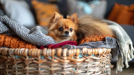 A cute, small, long-haired dog sits in a wicker basket, looking out at the world with its big, round eyes
