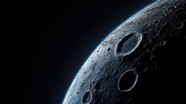 Ai-generated view of Moon. Planet in space with no water and greenery. Concept of the discovery of exoplanets and the search for life.