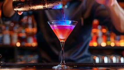 Master Bartender Demonstrating Mixology Skills and Precision at Bar Counter. Concept Bartending Skills, Mixology Demonstrations, Cocktail Crafting, Precision Techniques, Bar Counter Mastery