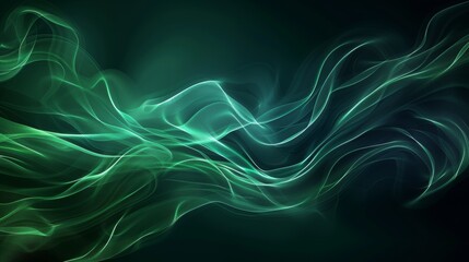 Obraz premium The image is an abstract painting with a deep green background and light green and blue waves flowing through it.