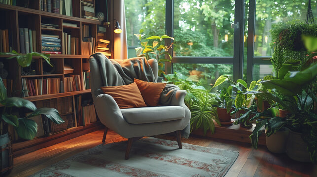 cozy reading corner in a modern home connected with nature
