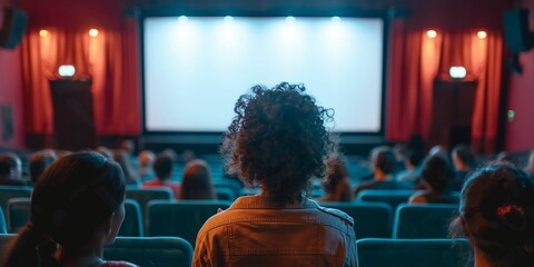 People watching movie in cinema,  People in the cinema hall with empty white screen. 