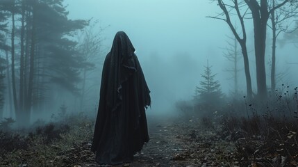 Mysterious cloaked figure stands in foggy forest path under overcast sky