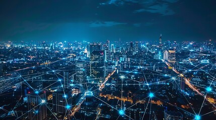 A highangle night view of a bustling city lit by networks, depicting the energy and connectivity of urban life