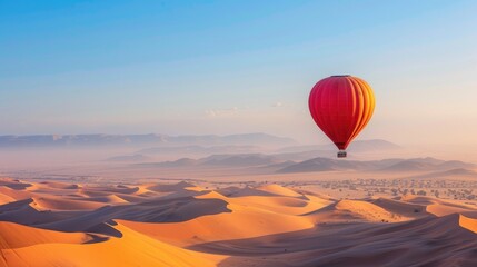Obraz premium Hot air balloon floating over desert in sahara with copy space area.