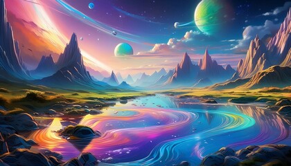 "Alien Dreamscape: Holographic Oil's Enigmatic Terrain"

