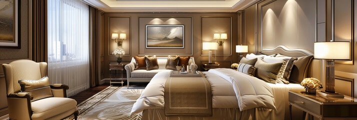 Spacious Luxury Bedroom in a Modern Hotel, Featuring Elegant Furniture and a Cozy Ambience