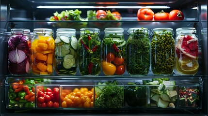 Inside view of a refrigerator filled with assorted fresh vegetables and homemade dressings in clear storage jars.